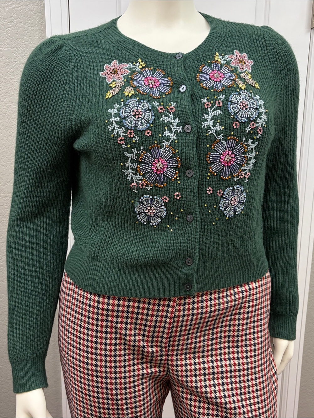 Boden Dark Green Beaded Floral Wool Blend Cardigan Size Large